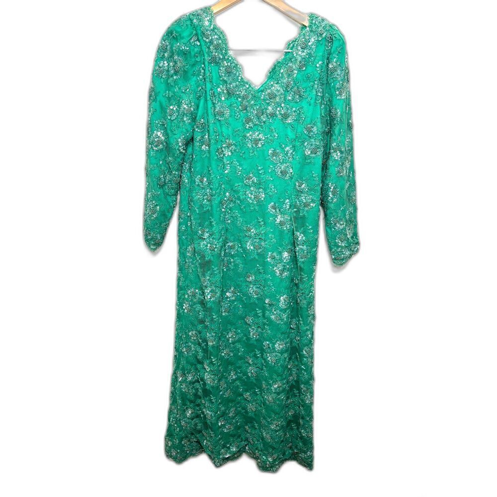 Vintage Fully Beaded Gown Mother of Bride Dress Glam Sequin Regal Green Large